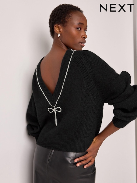 Black Reversible Gem Bow Embellished Sparkle Knitted Jumper (N77682) | AED123