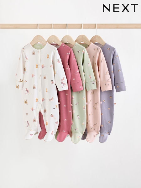 Pastell/Motiv - Baby Footed 100% Cotton Sleepsuits 5 Pack (0-2yrs) (N77694) | 41 € - 44 €