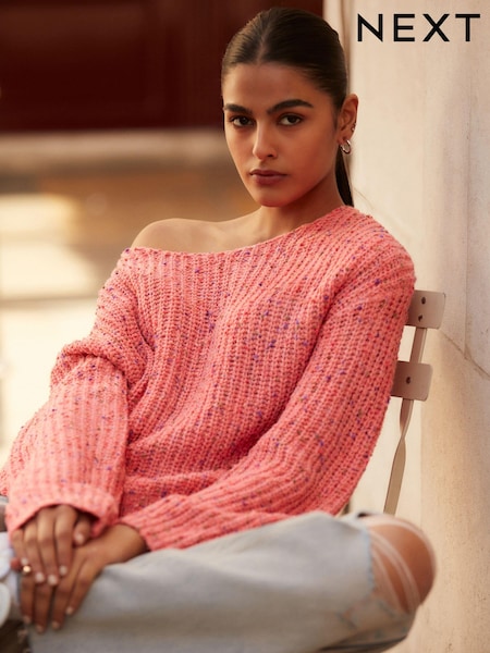 Korallenpink - Slouch Off Shoulder Neppy Chunky Knitted Jumper (N77712) | 10 €