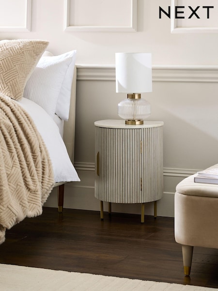 Light Grey Valencia Marble and Mango Wood 1 Door, Round Bedside Table (N77722) | €430