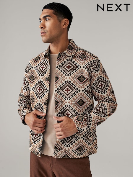 Ecru/Red Pattern Tapestry Shacket Overshirt (N77742) | $75