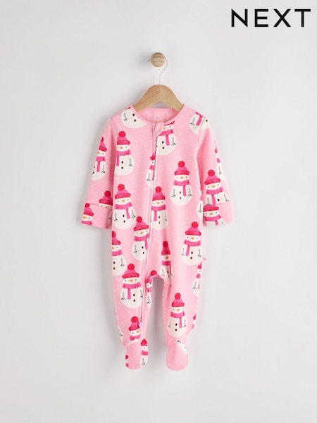 Pink Baby Printed Snowman Christmas 100% Cotton Zip Sleepsuit (0mths-2yrs) (N77761) | AED32 - AED35