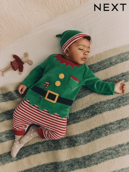 Green Elf Baby Christmas Sleepsuit & Hat Set (0mths-2yrs) (N77777) | AED49 - AED56