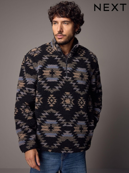 Black Printed Quarter Zip Neck Fleece (N77795) | R$ 400