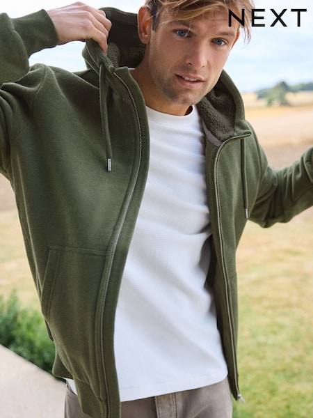 Khaki Green Borg Fleece Lined Zip Up Hoodie (N77797) | $82