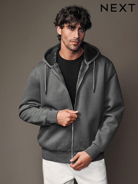 Grey Premium Textured Faux Fur Lined Zip Up Fleece (N77805) | AED131