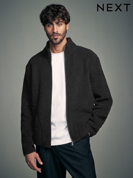 Black Funnel Neck Borg Fleece Lined Jacket (N77846) | $67