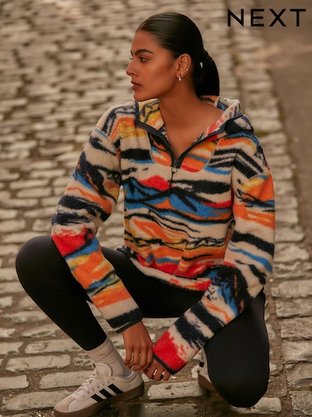 Bright Scenic Abstract Print Outdoor Next Elements Hooded Teddy Borg Quarter Zip Fleece (N77927) | €23