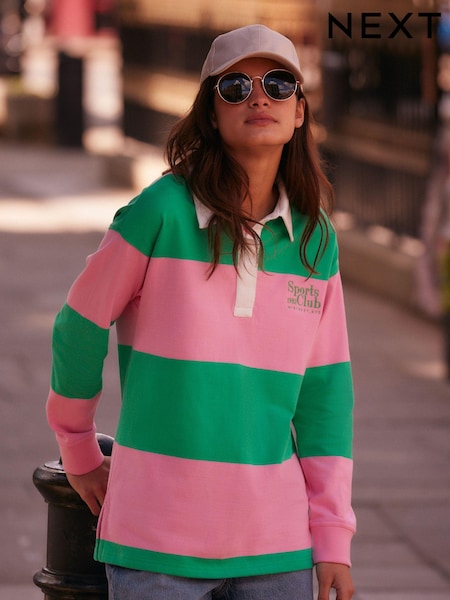 Pink Green Stripe Stripe Slogan Graphic Collared Varsity Rugby 100% Cotton Polo Shirt (N77931) | AED93
