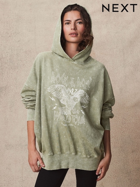 Green Khaki Oversized Rock n Roll Band Graphic Slogan Washed Hoodie Sweatshirt (N77945) | AED79