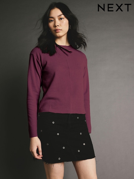 Burgundy Red Cosy Soft Touch Rib Seam Detail Crew Neck Jumper (N77957) | AED109