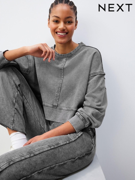Charcoal Grey Washed Exposed Seam Crew Neck 100% Cotton Sweatshirt (N77960) | AED30
