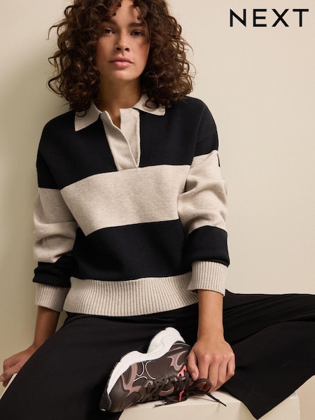 פסים בגון טבעי/שחור - Soft Touch Cosy Collared Button Down Polo Sweatshirt (N77967) | ‏113‏₪