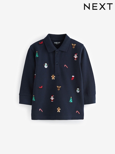 Navy Blue Christmas Long Sleeve 100% Cotton All-Over Embroidered Polo Shirt (3mths-7yrs) (N78054) | €12 - €14