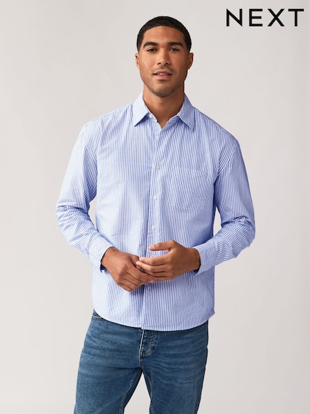 Albastru - Dungă Oxford Mânecă lungă 100% Cotton Cămăși (N78147) | 127 LEI