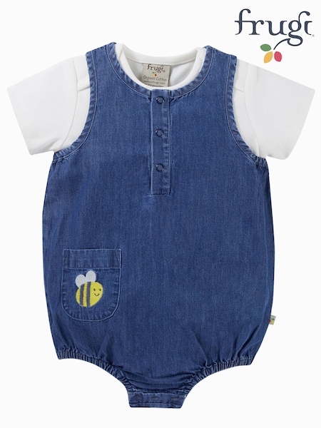 Frugi Blue Cotton Bee Outfit Applique Chambray Romper (N78219) | 45 €