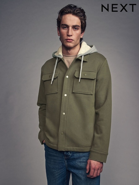 Khaki Green Borg Lined Popper Shacket with Hood (N78403) | R$ 595