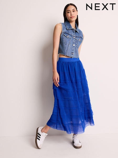 Cobalt Blue Mesh Tulle Midi Skirt (N78414) | 130 QAR