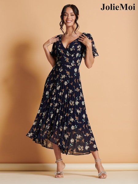 Musta Multi Kukallinen  - Jolie Moi Pleated Dip Hem Chiffon Maxi Dress (N78608) | €124