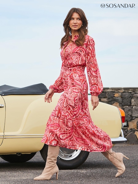 Sosandar Red Petite Blouson Sleeve Belted Midi Shirt Dress (N78618) | €49