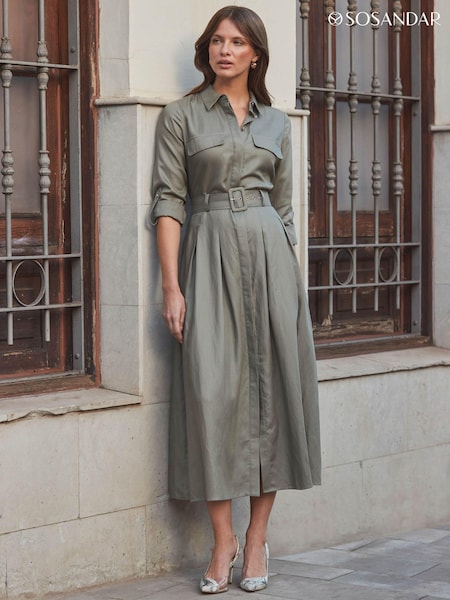 Sosandar Green Full Skirt Midi Shirt Dress With Linen (N78633) | €87