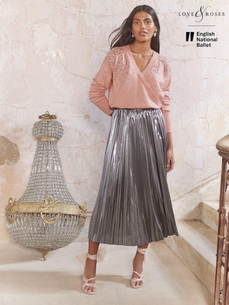 Love & Roses Grey Pleated Lame Midi Skirt (N78752) | 121 QAR