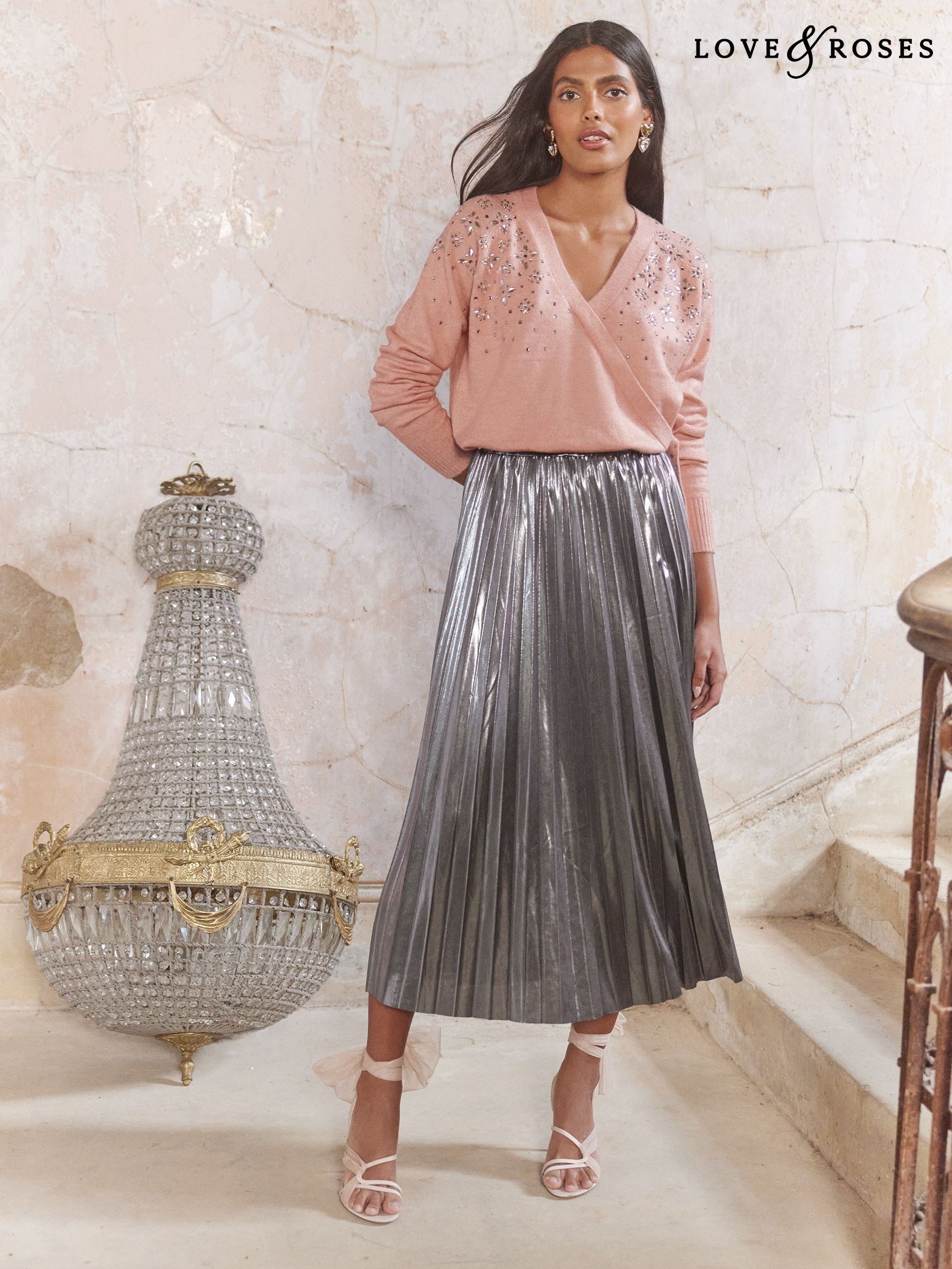 Silver pleated midi skirt cheap