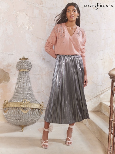Love & Roses Grey Petite Pleated Lame Midi Skirt (N78754) | 121 QAR