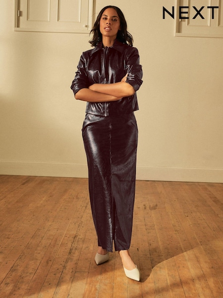 Burgunderrot - PU Faux Fur Leather Glossy Column Skirt (N78788) | 11 €