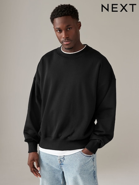 Black Oversized Cotton Rich Jersey Crew Sweatshirt (N78866) | AED57