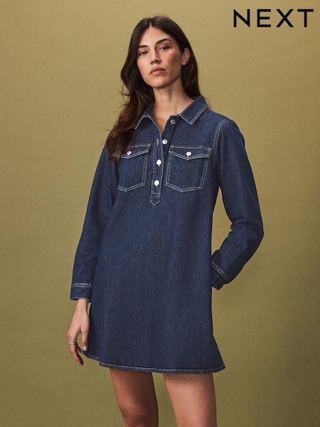Clătiți albastru - Rochie mini din bumbac cu jumătate de plachetă Denim 100% (N78907) | 144 LEI