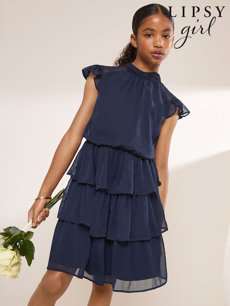Navy Blue - Lipsy Flutter Sleeve Tiered Occasion Dress (7-16yrs)