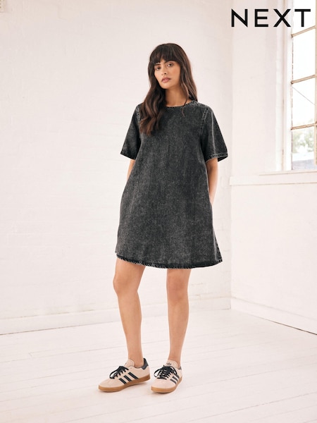 שחור מכובס - 100% Cotton Short Sleeve Denim T-shirt Dress (N78924) | ‏117‏₪