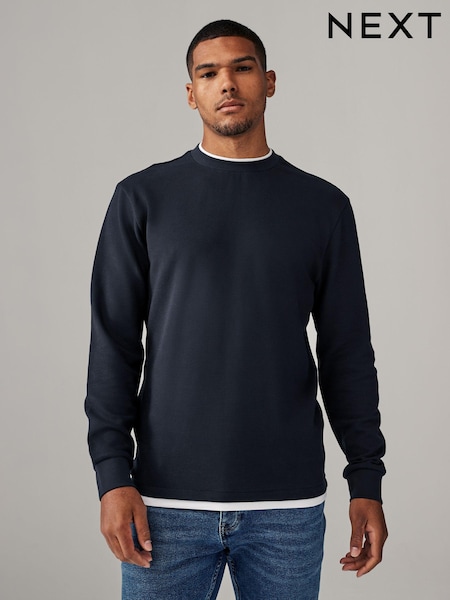 Navy Blue Texture Long Sleeve Mock Layer Jumper (N78956) | R$ 240