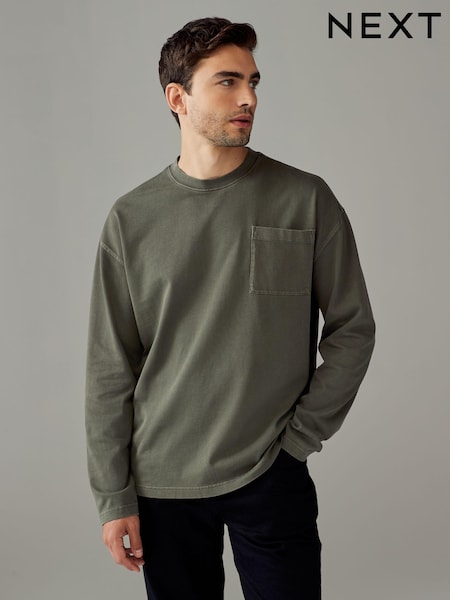 Verde caqui - Long Sleeve Garment Dye Heavyweight 100% Cotton T-Shirt (N78969) | 27 €