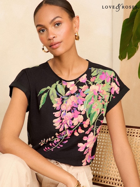 Negru cu flori - Tricou cu aspect țesut din in Jerseu Love & Roses Tricou la baza gâtului (N79053) | 194 LEI