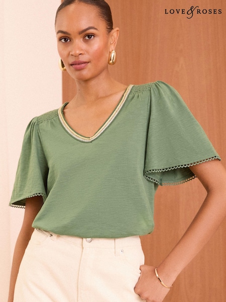 Verde - Love & Roses decorațiuni Trim Decolteu în V Jerseu Tricou (N79082) | 100 LEI