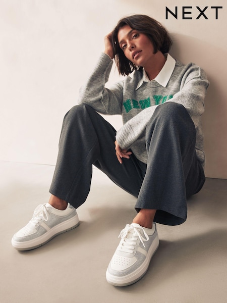 White/Silver Forever Comfort® Patent Chunky Lace Up Trainers (N79111) | €17.50