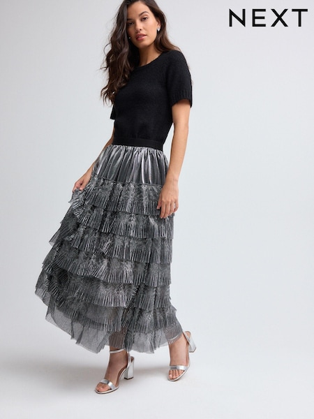 فضي - Mesh Tulle Midi Skirt (N79137) | ‏26 د.إ.‏