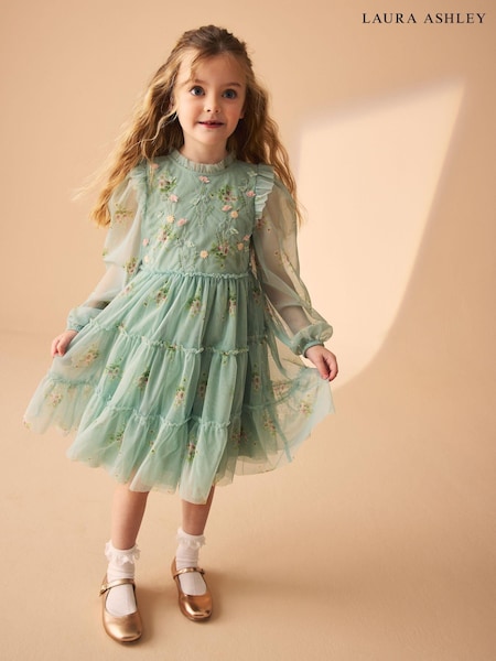 Laura Ashley Mint Green Tiered Long Sleeve Mesh Dress (N79167) | €27 - €31