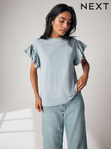 Teal Blue 100% Cotton Sparkle Stud Ruffle Sleeve T-Shirt (N79291) | €11