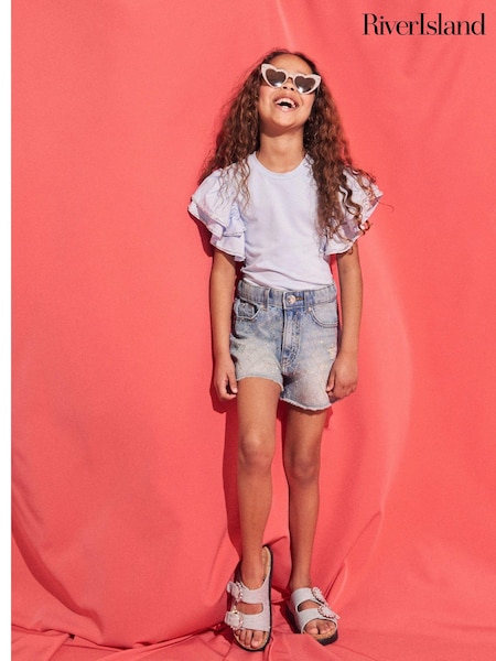 River Island Blue Mom Girls Diamante Denim 100% Cotton Shorts (N79495) | 53 QAR - 65 QAR