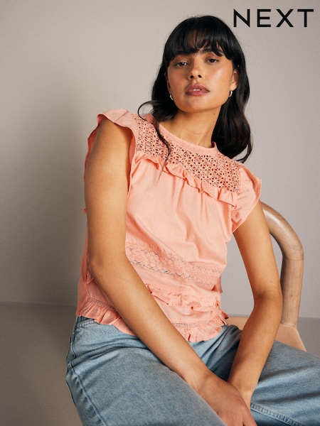 Peach Pink Frill Sleeve Lace Insert Summer 100% Cotton Blouse (N79543) | € 17