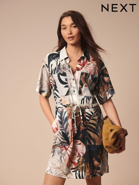 Ecru Tropical Leaf Print Mini Drawstring Utitlity Dress (N79585) | €18