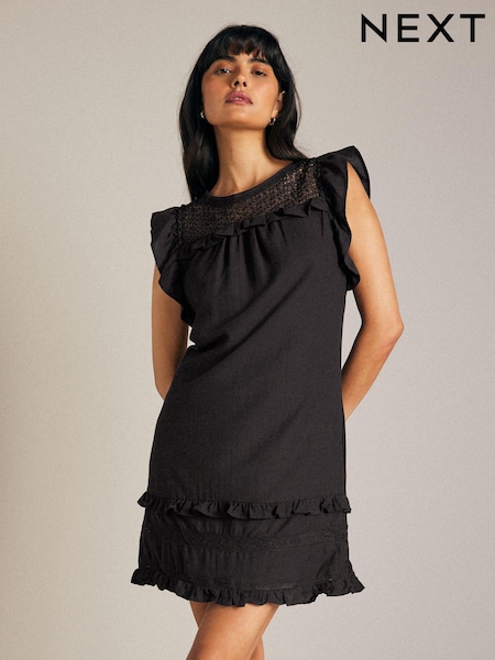 Negru - 100% Cotton Frill Sleeve Lace Insert Mini Dress (N79642) | 144 LEI