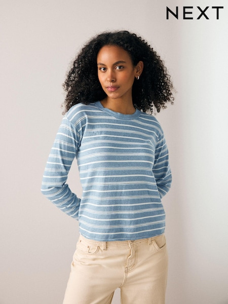 Albastru - Lenjerie de pat Look Cotton Rich Slub Raw Edge Mânecă lungă Top (N79666) | 97 LEI