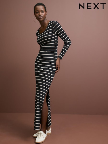 Black - Scoop Neck Long Sleeve Stretch Rib Maxi Dress (N79687) | ‏6 ر.ع.‏