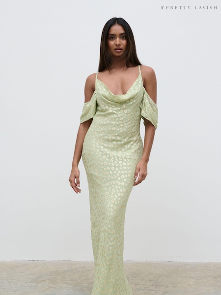 Pretty Lavish Pistachio / Gold Nia Draped Cold Shoulder Maxi Dress (N79769) | €49