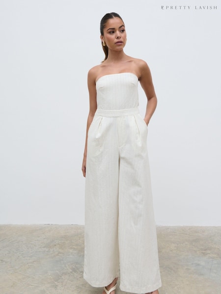 Pretty Lavish Cream Stripe Alita Bandeau 100% Cotton Jumpsuit (N79774) | €39