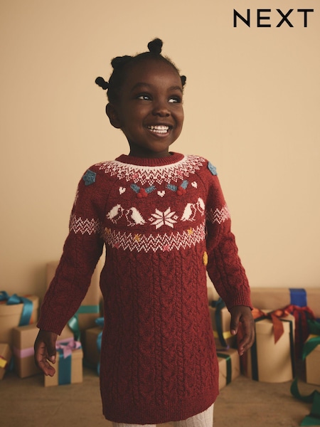 Red Fairisle Pattern Christmas Jumper Dress (3mths-7yrs) (N79906) | €20 - €24